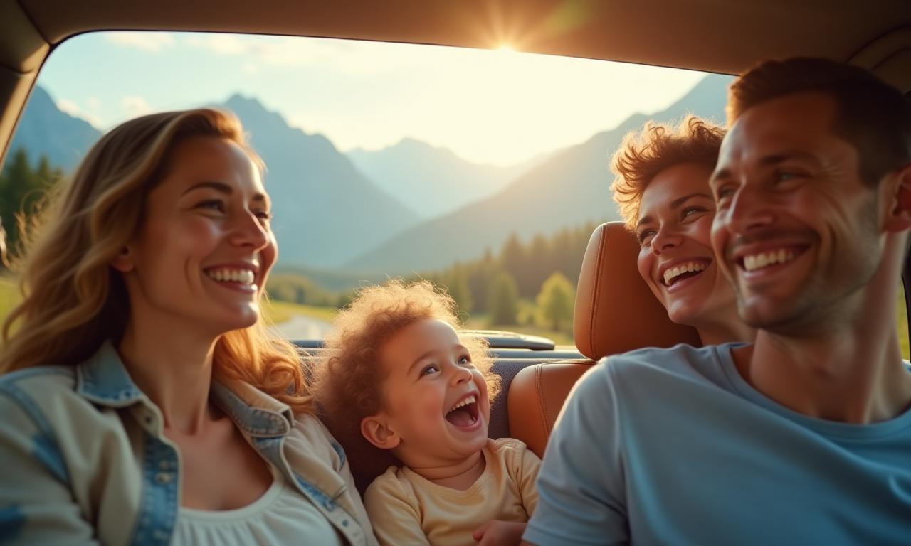 A family enjoying a road trip through Austrian landscape, representing smooth travel.