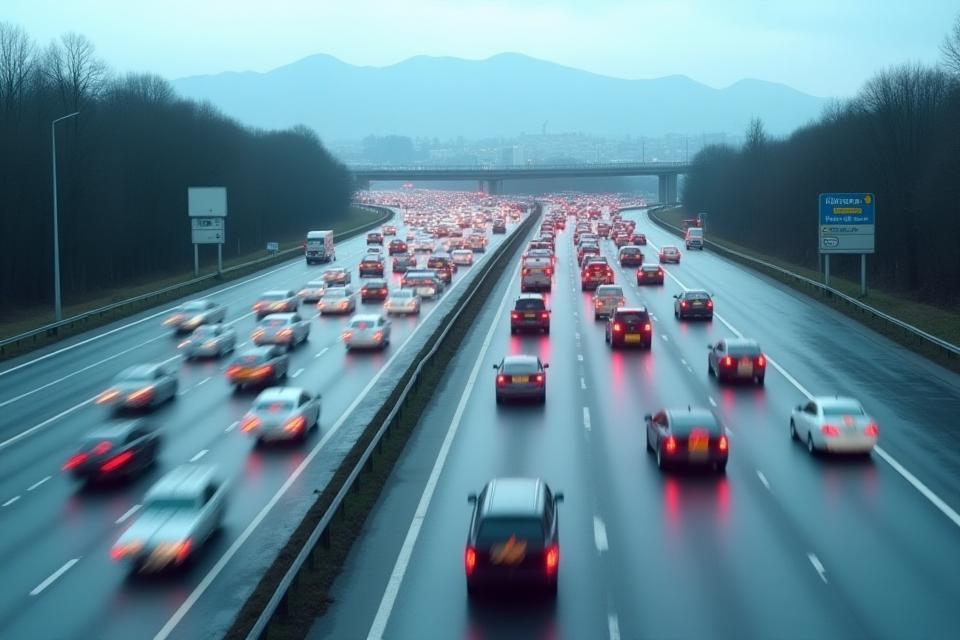 Busy Austrian highway with cars during rush hour.