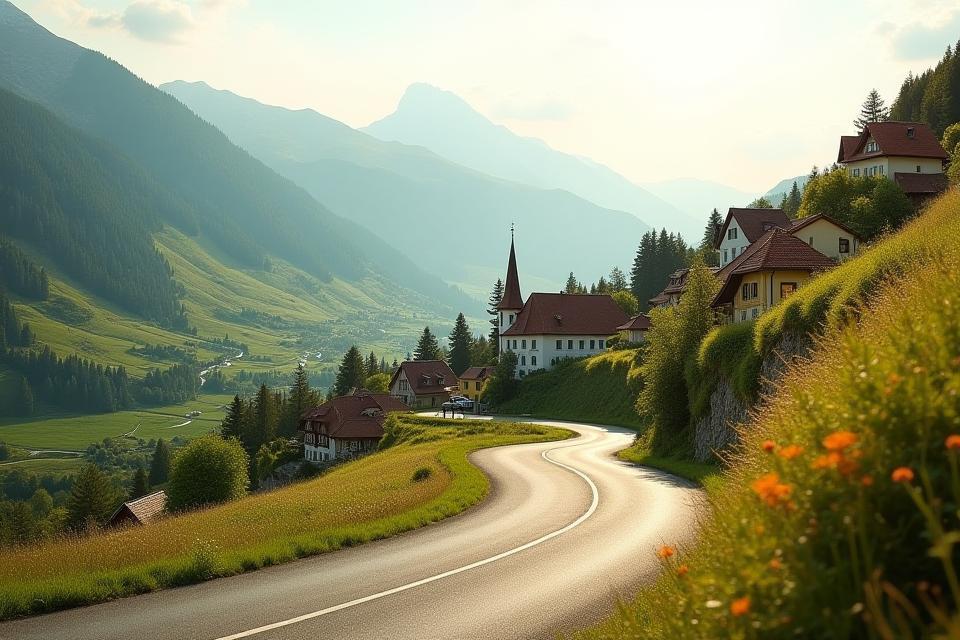 Winding scenic road through a picturesque Austrian village.